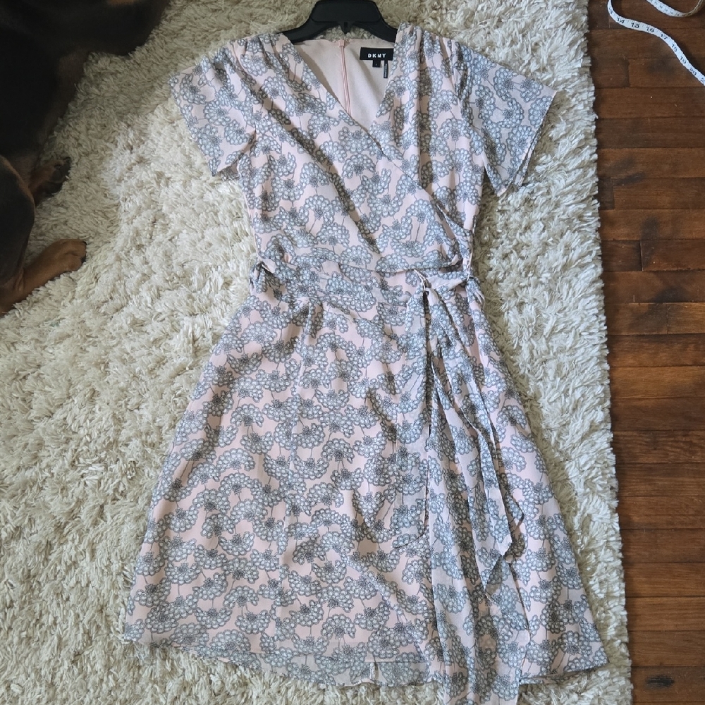 DKNY Pink Wrap Midi Dress with Gray Chain Motif